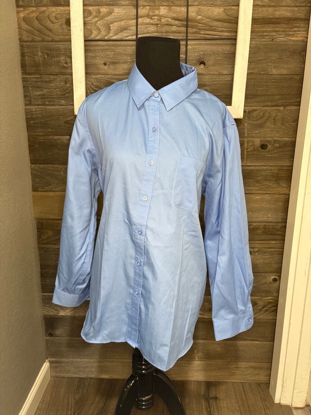 Coldwater Creek blue long sleeve button up blouse women's size petite large PL